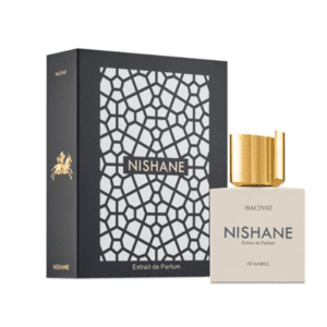 A bottle of perfume next to its box.