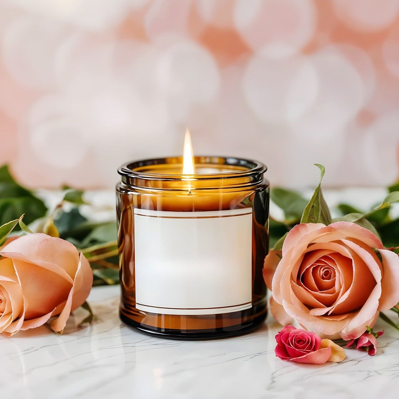 A candle and some roses on the table