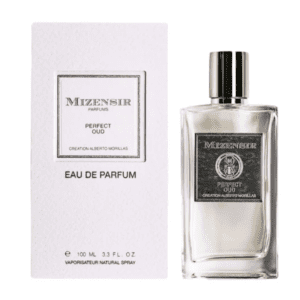 A bottle of perfume with its box on it.