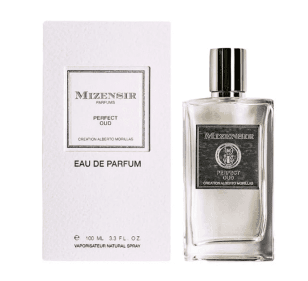A bottle of perfume with its box on it.