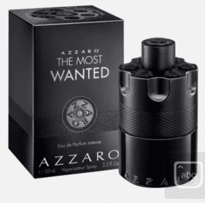 A black bottle of perfume sitting next to its box.