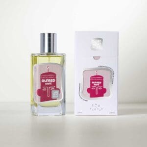 A bottle of perfume sitting next to its box.