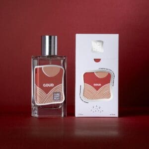 A bottle of perfume next to its packaging.