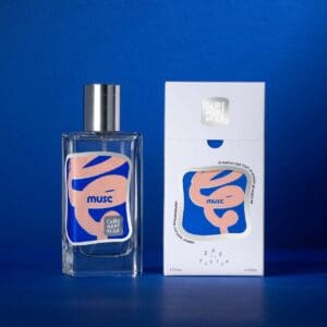 A bottle of perfume next to its box.