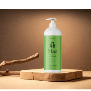 Green shampoo bottle on wooden platform.