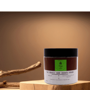 Hair growth product on wooden surface display.