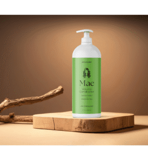 Green hair conditioner bottle on wooden platform.