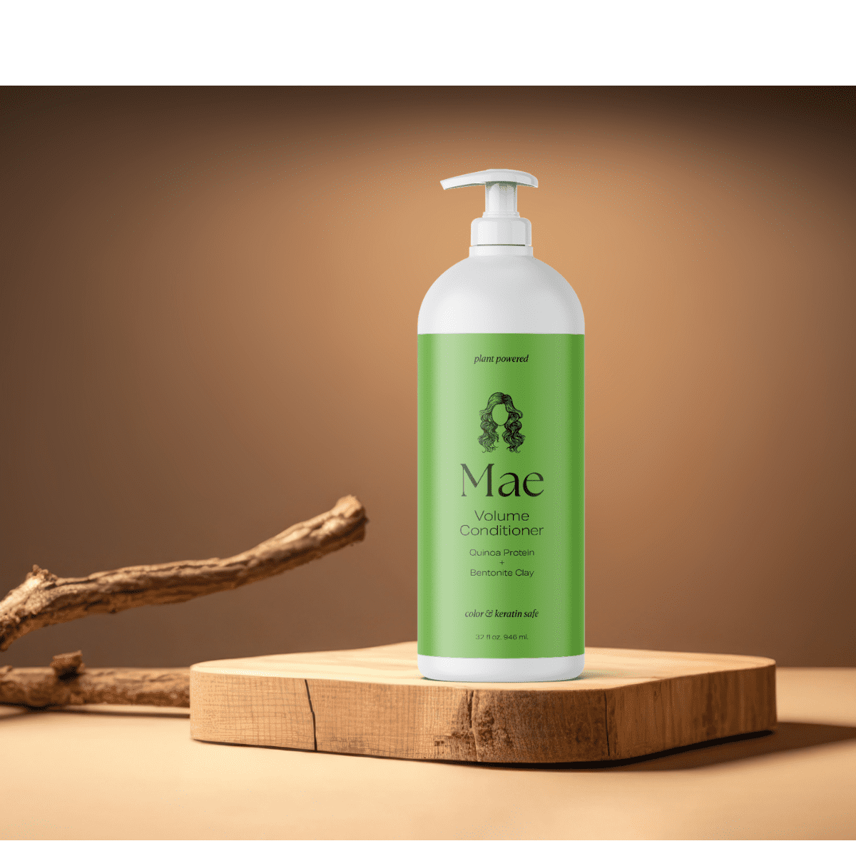 Green hair conditioner bottle on wooden platform.